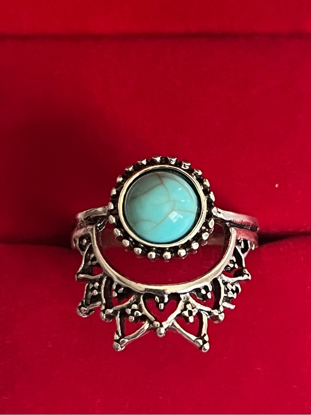 Turquoise Gemstone Silver Filigree Women’s Ring - Turquoise Size 8